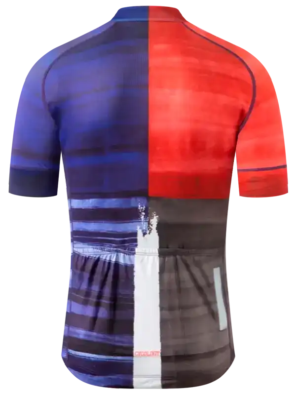 Men's cycling jersey with bold red and blue split design, reflective accents, and rear pockets for storage.