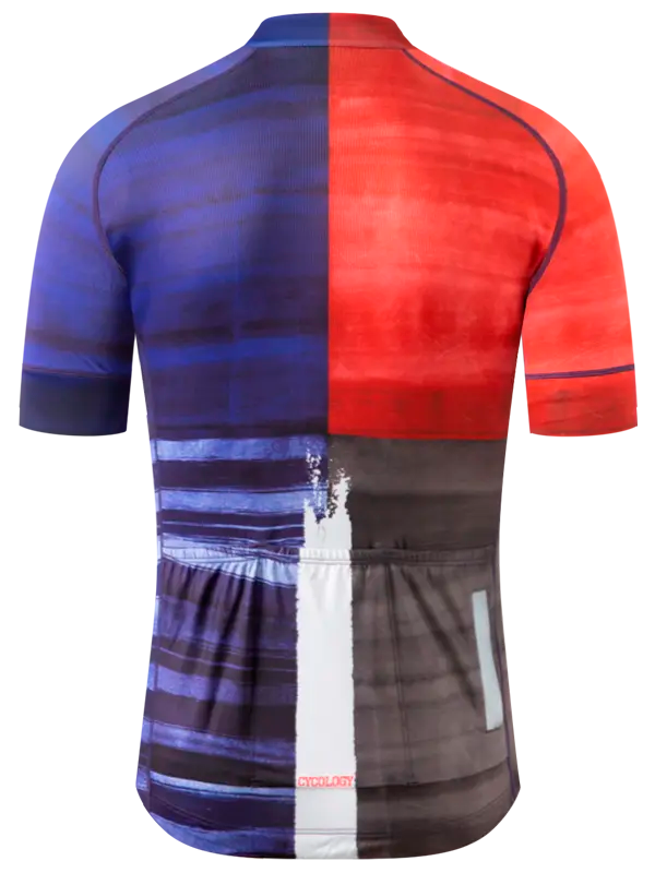 Cycling jersey with a blue, red, and gray pattern 