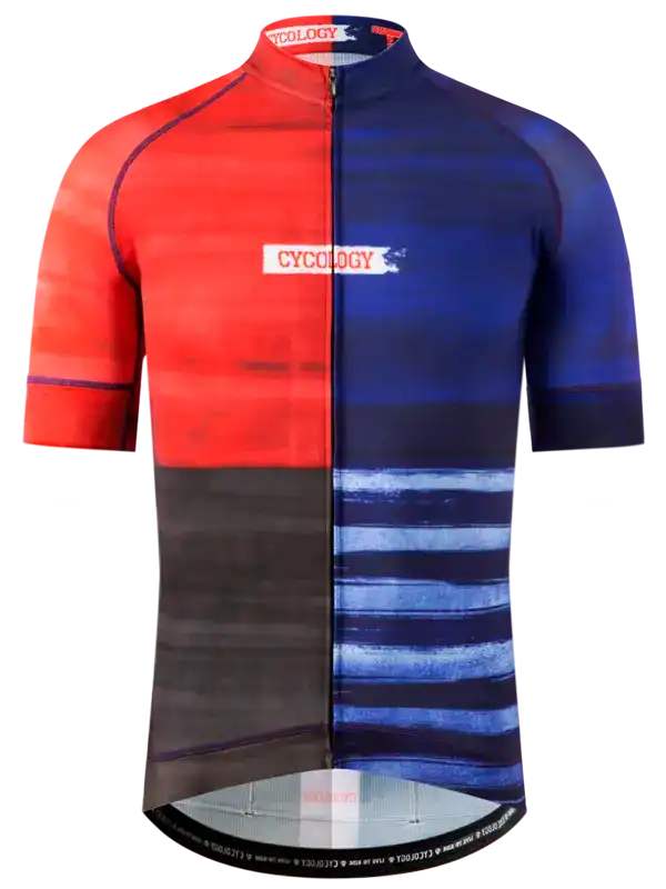 Men's cycling jersey with red and blue gradient design, half-zip front, and CYCOLOGY logo