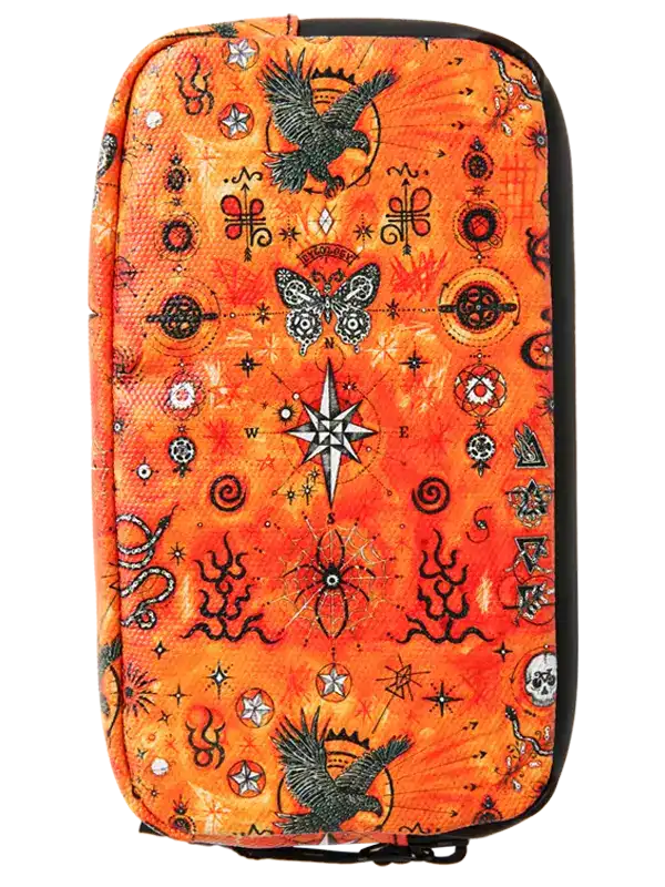 Nomad Cycling Wallet by Cycology Clothing with orange mystical pattern and celestial motifs