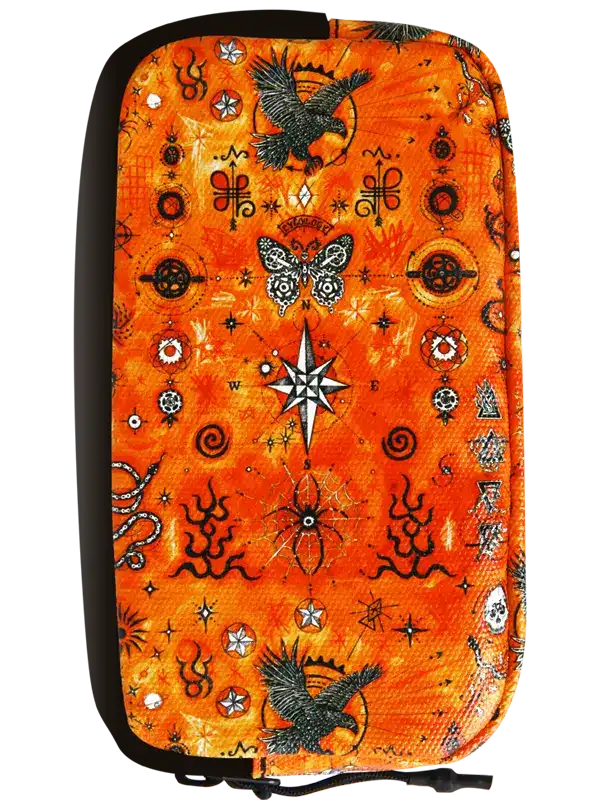 Nomad Cycling Wallet by Cycology Clothing with orange mystical pattern and bird motifs