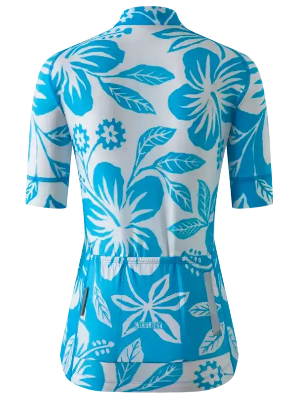 Women's blue floral cycling jersey with back pockets, breathable fabric, tropical design for bike rides