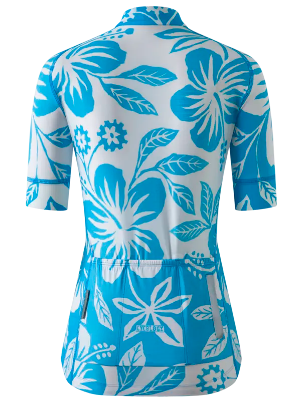 Blue cycling jersey with white floral pattern on a white background