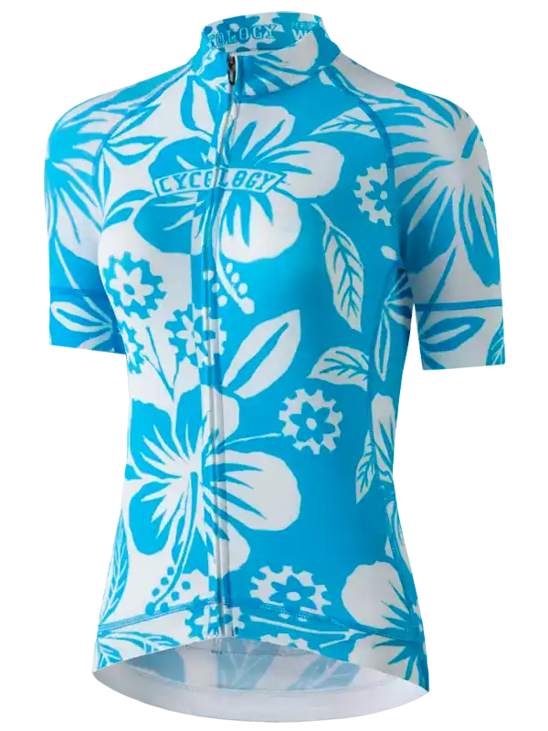 Blue and white floral cycling jersey with short sleeves and zipper