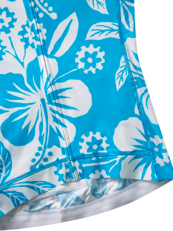 Blue cycling jersey with white floral pattern on a white background
