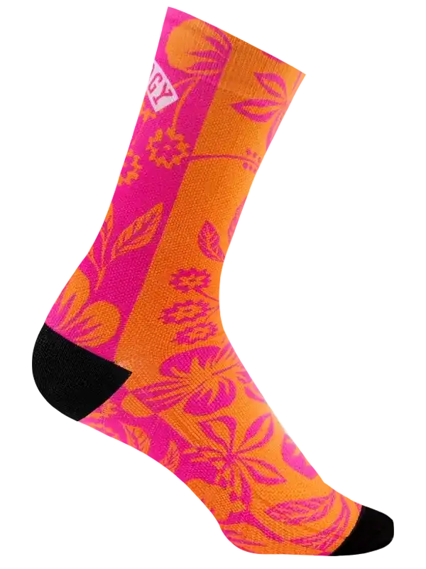 Vibrant pink and orange floral cycling socks with black toe and heel, designed for comfort and style on rides.