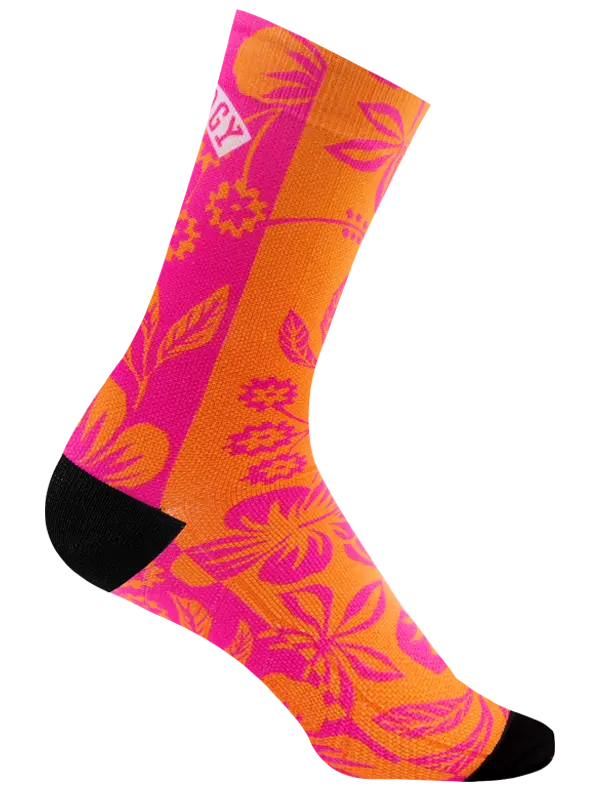 Colorful sock with pink floral pattern on an orange background