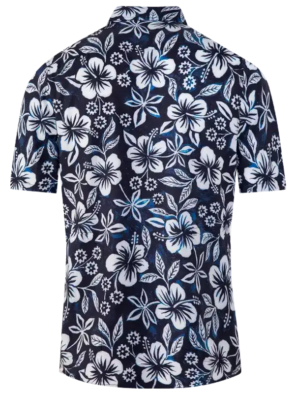 Men's short sleeve cycling shirt with white hibiscus floral print on navy blue, breathable fabric design