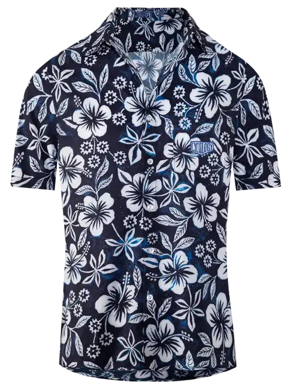 Men's navy floral cycling shirt with white hibiscus print, short sleeves, button front