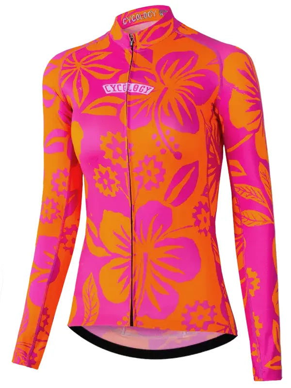 Cycling jersey with pink and orange floral pattern on a white background