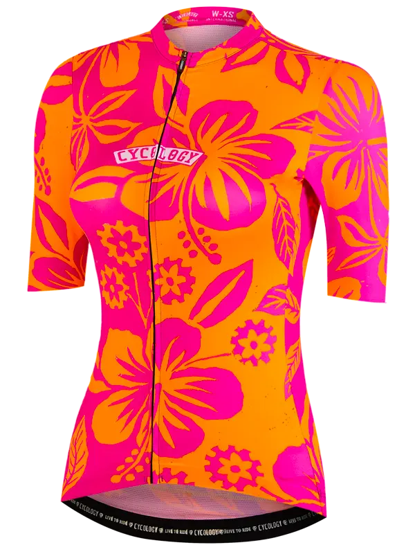 Cycling jersey with pink and orange floral pattern on a white background