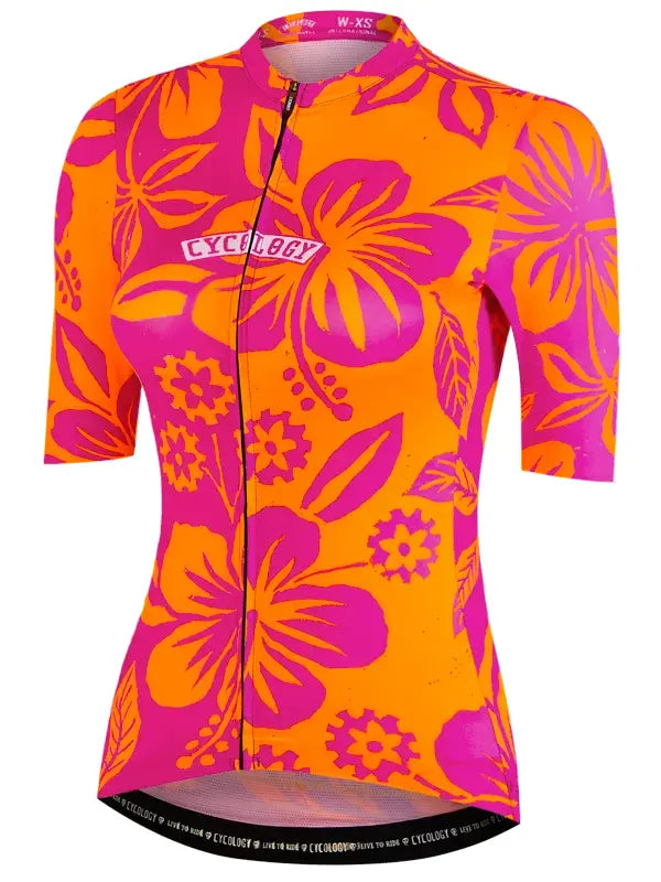 Cycling jersey with pink and orange floral pattern on a white background