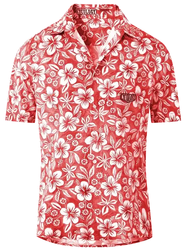 Red floral print cycling shirt with white hibiscus pattern, short sleeves, and brand logo