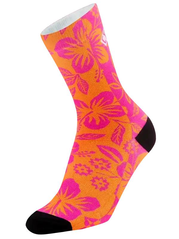 Bright orange cycling sock with pink hibiscus floral pattern and black toe/heel accents