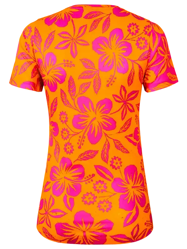 Women's vibrant orange cycling jersey with pink hibiscus floral print, short sleeves, performance fabric