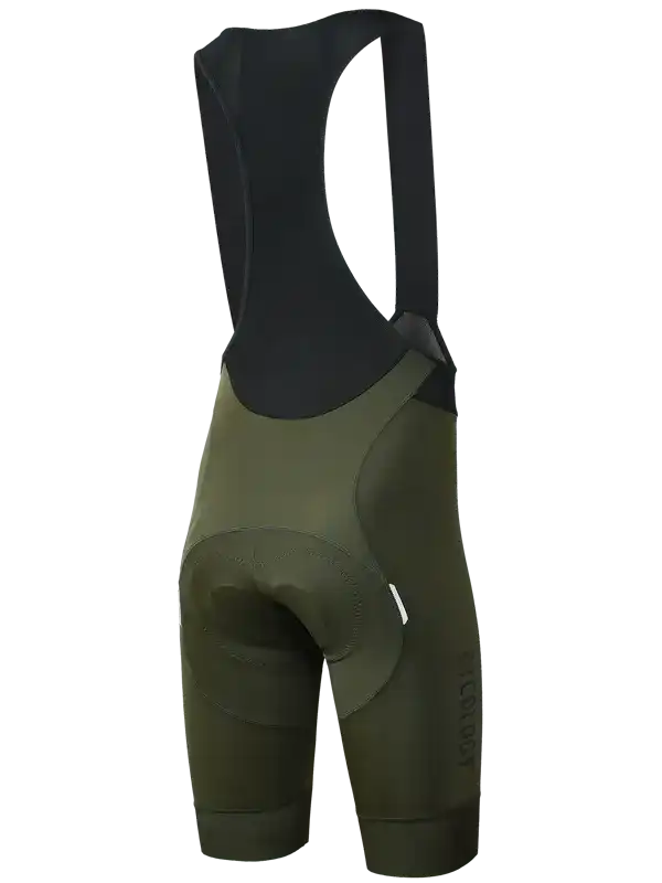 Olive green men's cycling bib shorts with black straps and padded seat, designed for comfort and performance.