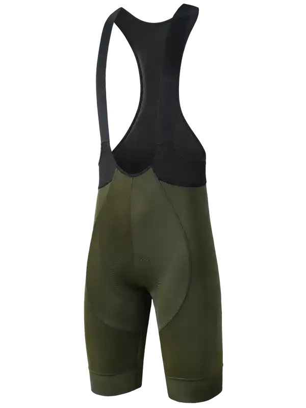 Olive green men's cycling bib shorts with black straps, padded for comfort on rides