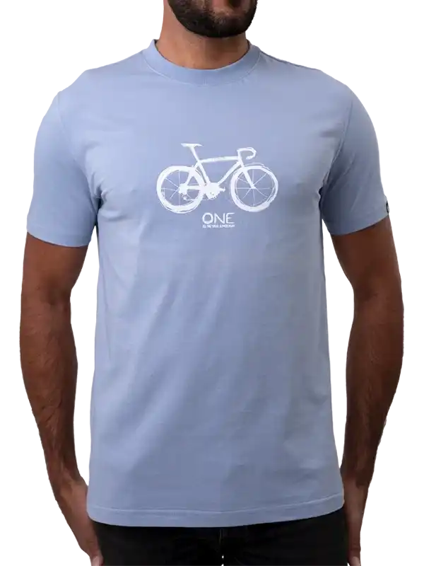 Men's light blue cycling t-shirt with white bike graphic and 'ONE' text, ideal for bike rides and casual wear.