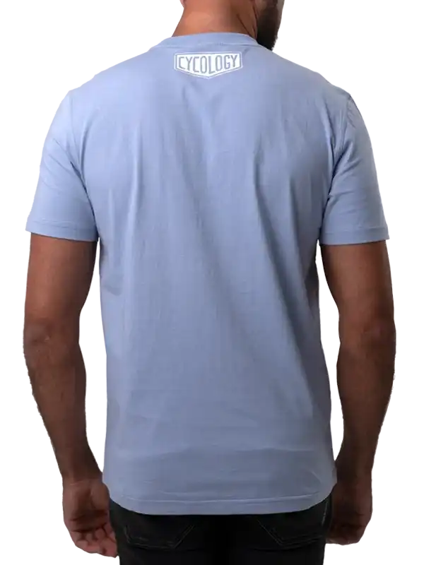 Men's light blue cycling t-shirt with 'CYCOLOGY' logo on back, casual fit for active wear