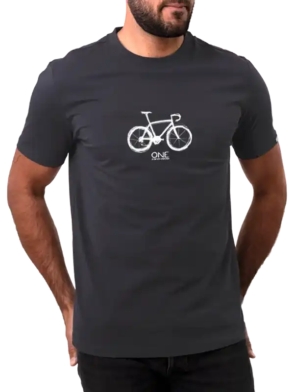 Men's black cycling t-shirt with white bike graphic and 'ONE' text