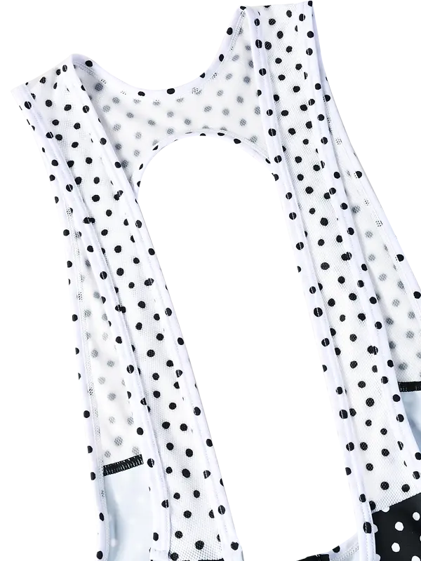 Black cycling bib shorts with white polka dot pattern with back zipper - white braces