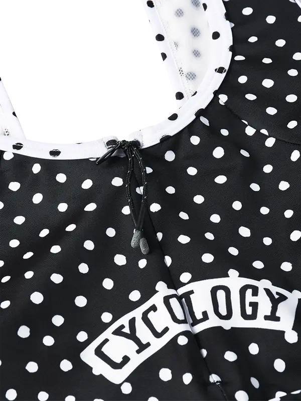 Black cycling bib shorts with white polka dot pattern with back zipper 