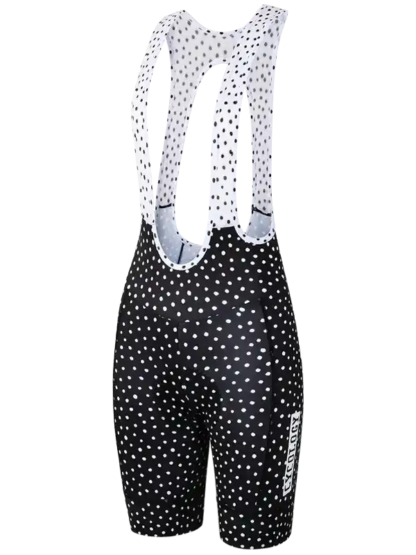 Black and white polka dot women's cycling bib shorts with breathable mesh straps
