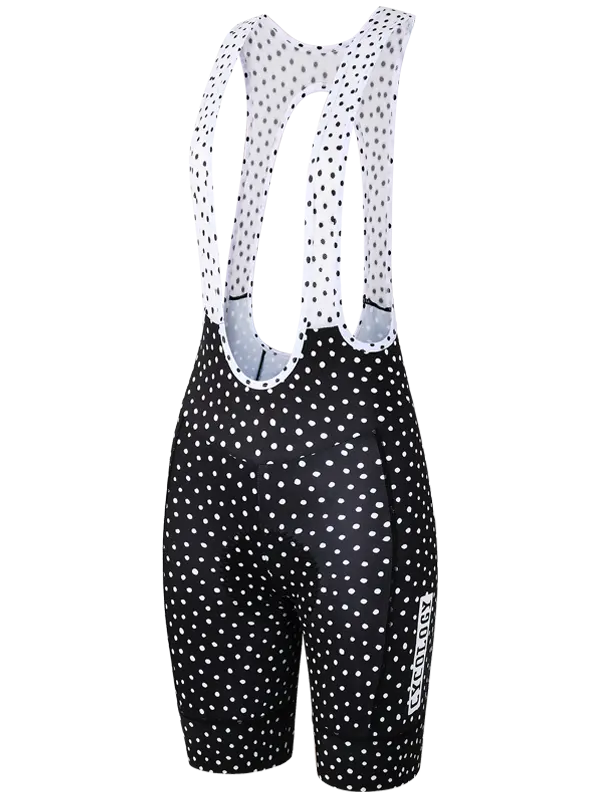 Black cycling bib shorts with white polka dot pattern with back zipper 