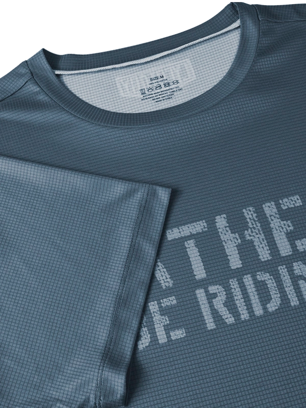 Blue Tech  t-shirt with 'Rather Be Riding' text on the front 