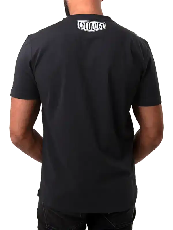 Black cycling t-shirt with Cycology logo on back, ideal for men's cycling apparel