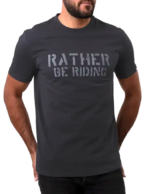Men's dark gray cycling t-shirt with 'Rather Be Riding' graphic print, ideal for bike enthusiasts.