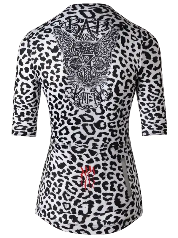 Women's leopard print cycling jersey with 'Badass Kitty' graphic, rear view, 3/4 sleeves, red zipper detail