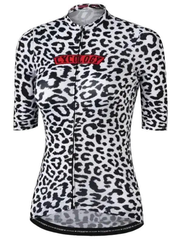 Women's cycling jersey with black and white leopard print and red logo, featuring short sleeves and full zip front.