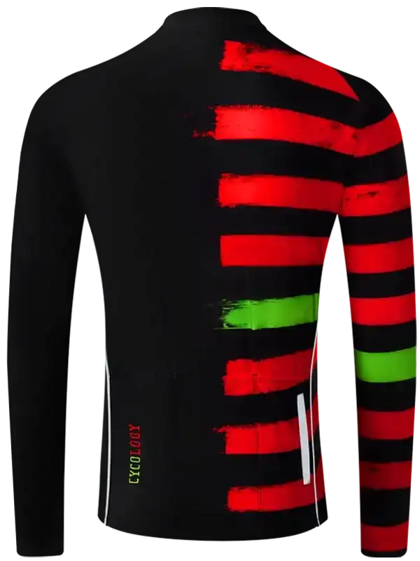 Men's cycling jersey with bold red and black striped back design, green accent, and reflective details