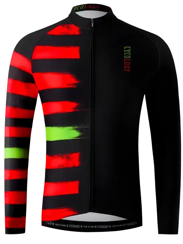 Men's long sleeve cycling jersey with bold red and green stripes, black base, full zip front