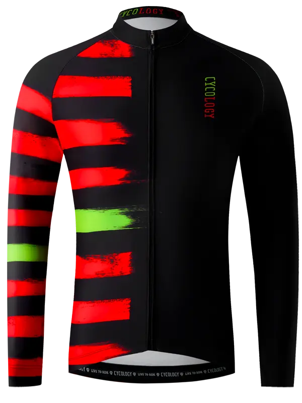 Red Zone Black Men's Winter Long Sleeve cycling jersey with red and green stripes 