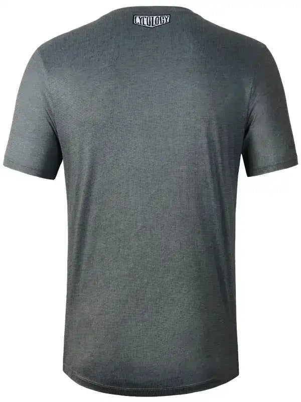 Gray men's cycling t-shirt with ribbed texture and small logo at neckline, ideal for bike rides