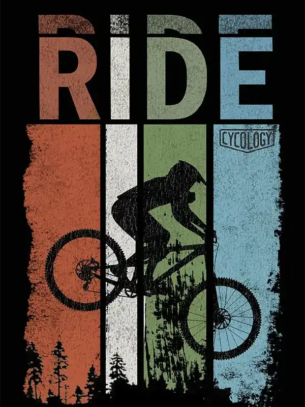 Ride graphic t-shirt with cyclist silhouette and forest scene, vintage color blocks
