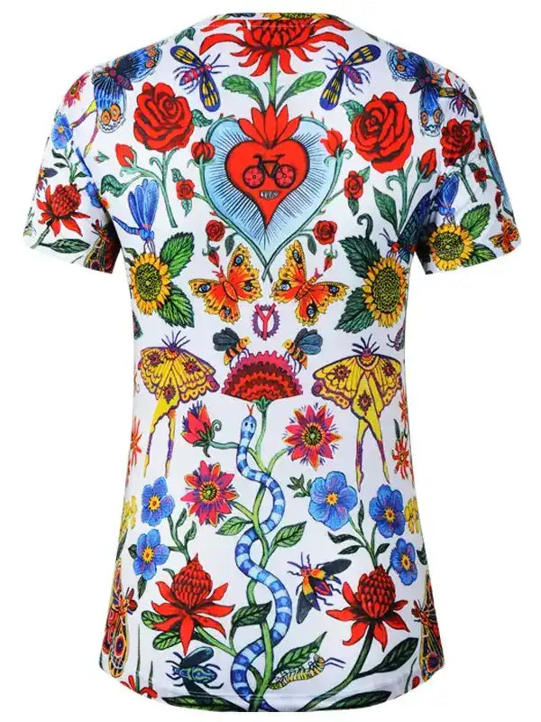 Women's cycling jersey with vibrant floral and butterfly print, featuring heart with bike design