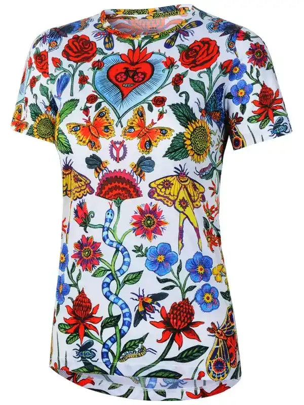 Women's floral cycling jersey with butterflies, roses, and heart design on white background