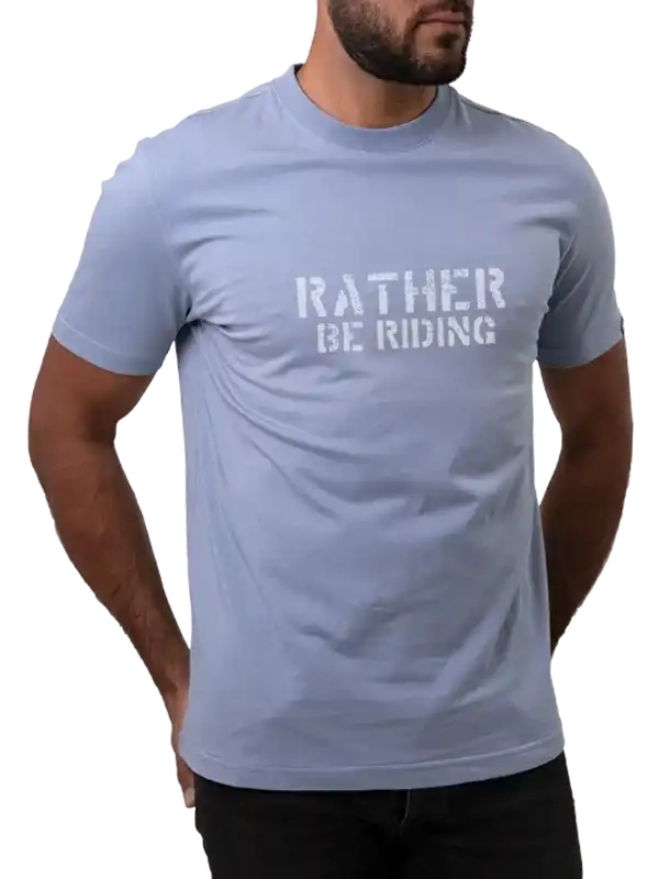 Men's light blue cycling t-shirt with 'Rather Be Riding' graphic, ideal for bike lovers and casual wear.