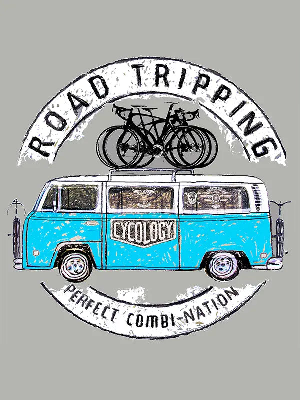 Illustration of a blue van with bicycles on top, labeled 'Road Tripping' and 'Cycology', on a gray background.