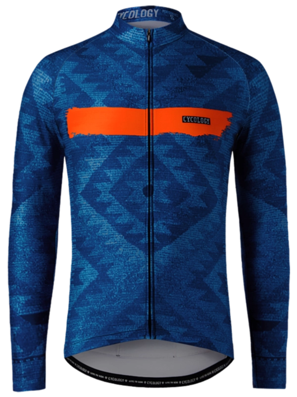Blue long sleeve cycling jersey with orange stripe and logo across front 
