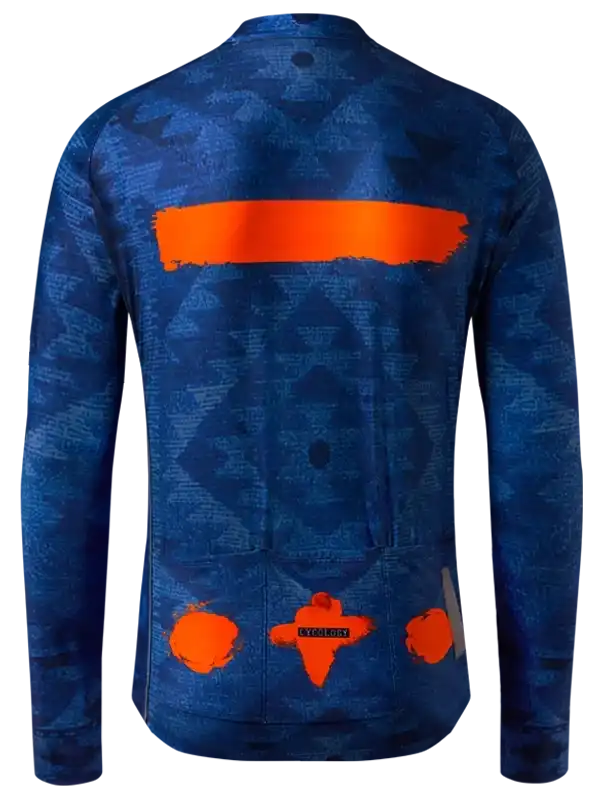 Blue cycling jersey with orange geometric design, long sleeves, and rear pockets for men or women