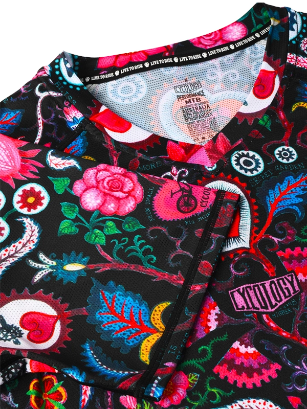 Women's Colorful floral and paisley patterned long-sleeve MTB Jersey on a Black background