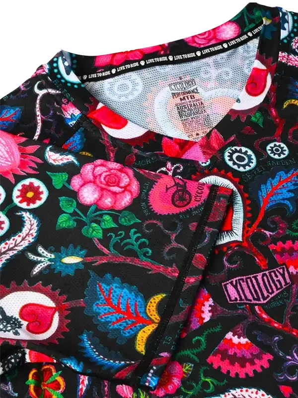 Vibrant floral and bike print women's cycling jersey with 'Live to Ride' collar detail