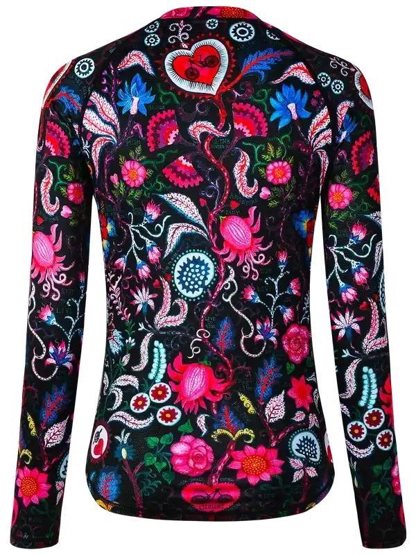 Women's cycling jersey with vibrant floral and heart pattern, long sleeves, black base