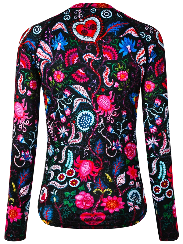 Women's Colorful floral and paisley patterned long-sleeve MTB Jersey on a Black background