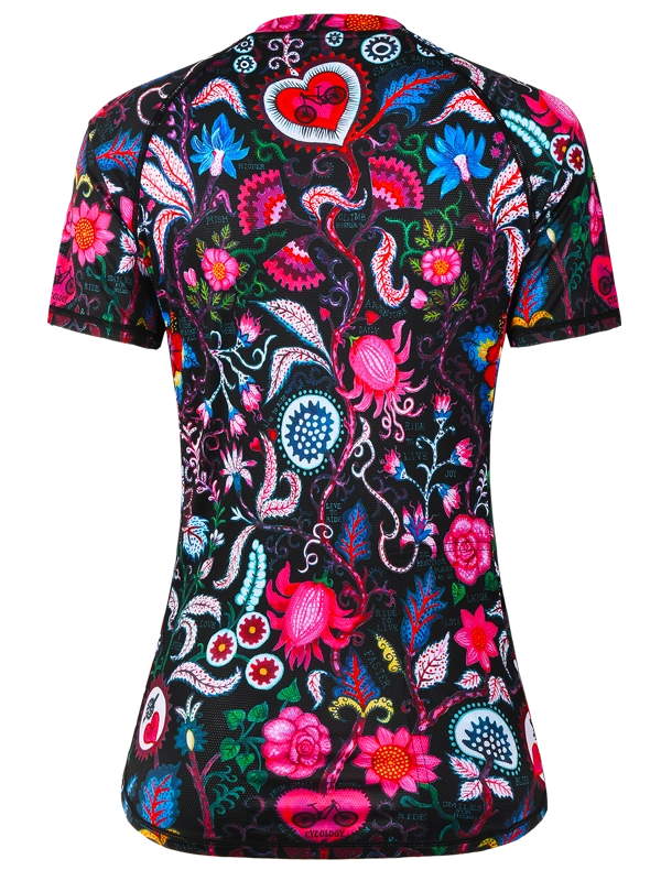 Women's Colorful floral and paisley patterned short-sleeve MTB Jersey on a Black background