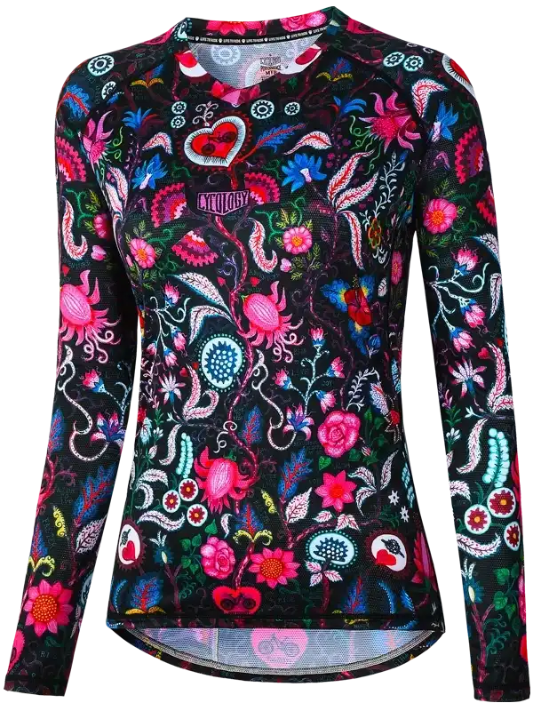 Women's long sleeve cycling jersey with vibrant floral and heart pattern, breathable fabric